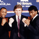 Donald Trump postures alongside Thomas Hearns and Michael Olajide in Atlantic City in 1990. Photo credit: Timothy Clary/AP